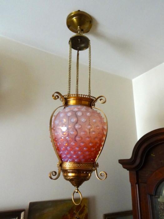 Antique Cranberry Glass and Brass Fenton Ceiling Fixture