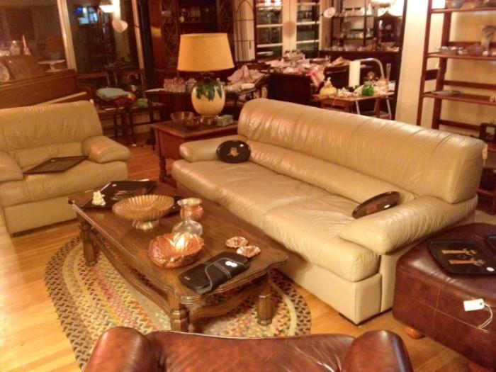 Natuzzi Leather Sofa and Purse, Vintage Tables