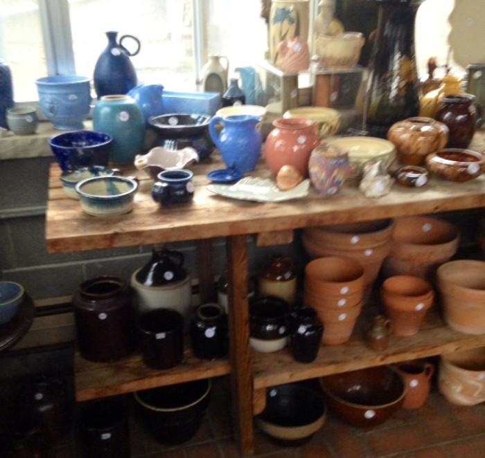 Vintage Pottery and Garden Pots...and a great potting bench!