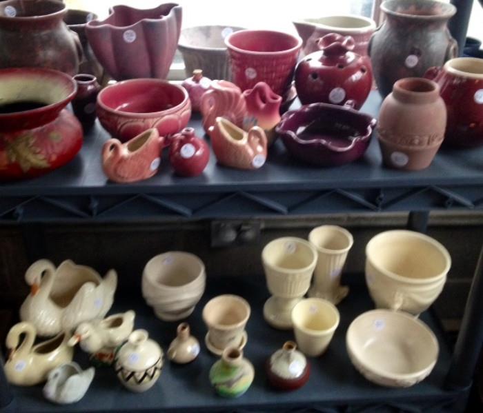 A Collection of Burly Winters, Haeger, Bybee, Peters and Reed, McCoy pottery in Rose, Magentas and ivory...