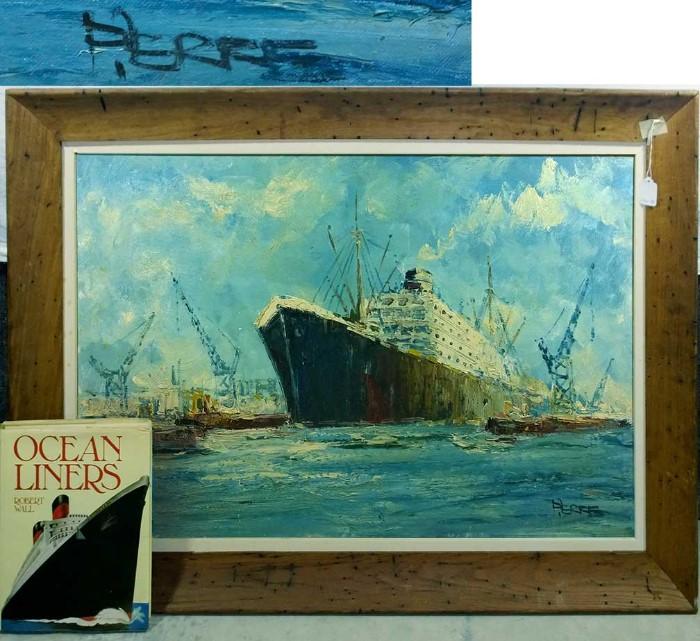 Pierre Ocean Liner at Port Oil on Canvas with Coffeet able Book