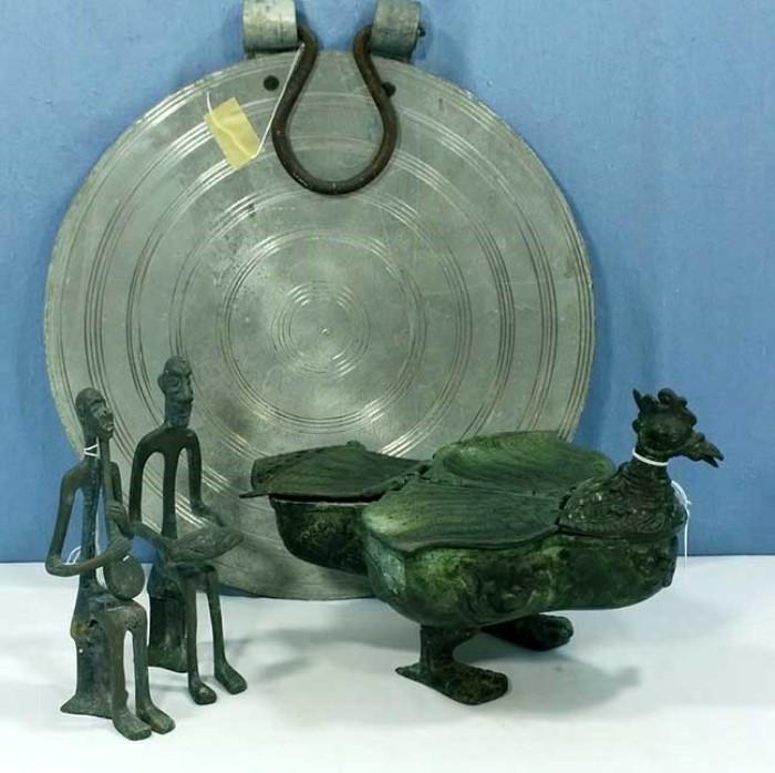 Archaic style bird altar box, metal figures and gong