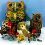 Paper Mache, Pinecone and twig Owls and Good Luck Portugal Roosters