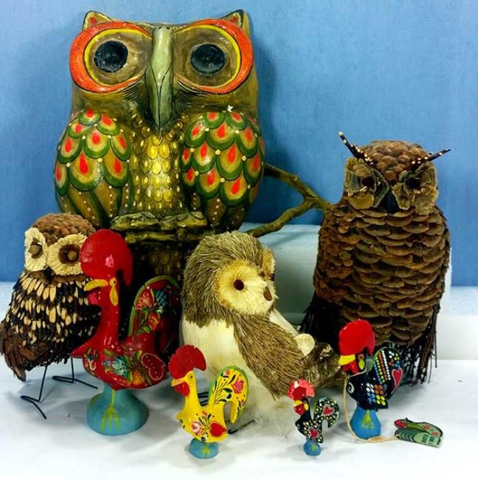Paper Mache, Pinecone and twig Owls and Good Luck Portugal Roosters