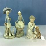 Lladro Girl with Umbrella, Rabbit Food and boy with dog