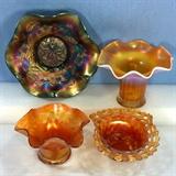 Carnival Glass - Fenton Blackberry Spray, Dugan Six Petals, Many Rib Blue and Peach Opalescent