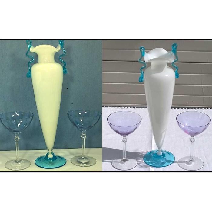 Aqua handle Opaline Art Glass Vase, Fostoria Wisteria Stems