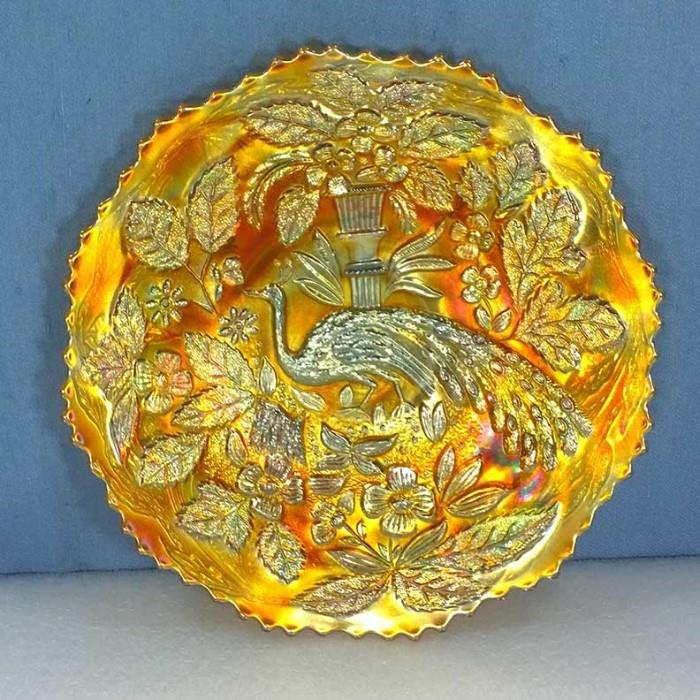 Fenton Peacock at the Fountain 9 1/2 "  Marigold Carnival Glass Plate with Bearded Berry Exterior