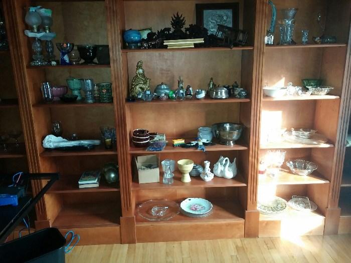 Shelves of Crystal, Glass, and vintage ceramics.