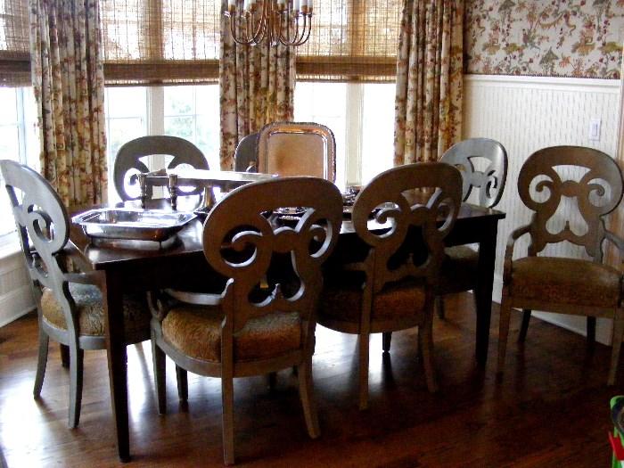 Planked Dining Table with leaf. Drexel Heritage Grey Painted Scroll Back Chairs. Set of  plus one single