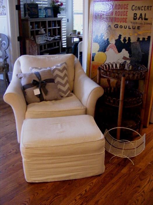 White Linen Slipcovered Chair with Ottoman