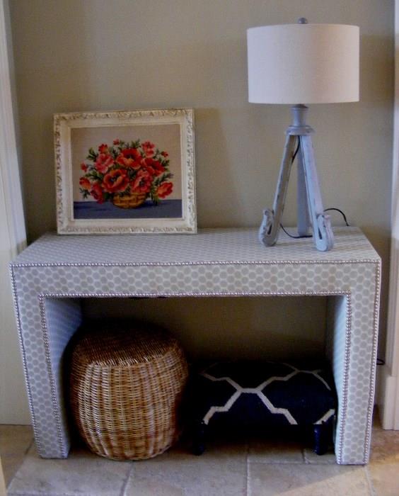 Fabric Sofa/Side/Entry Table with Nail trim. Floral oil. Rustic lamp. Ottoman