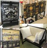Asian Black Lacquer Armoire and Cabinet with Mother of Pearl accent