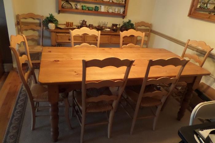 LONG PINE FARM TABLE WITH PADS AND 8 CHAIRS FROM FISHERS SAG HARBOR