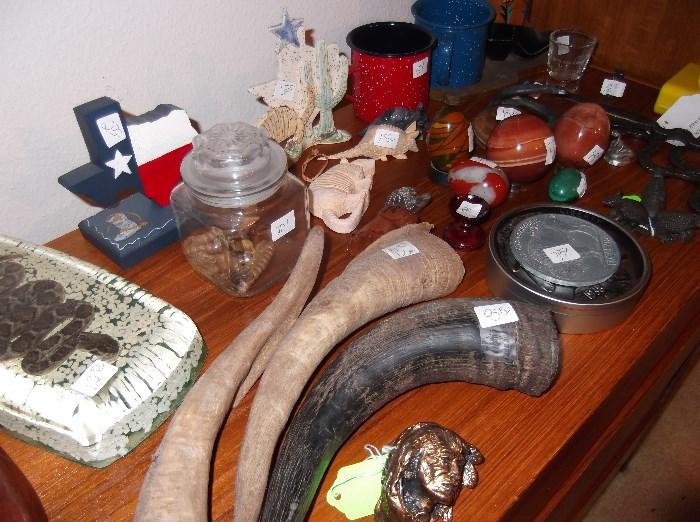 Horns, stone, metal rattlesnakes 
