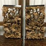 Hand carved wooded Chinese birds out of one piece of wood. Gold overlay with Chinese red. 