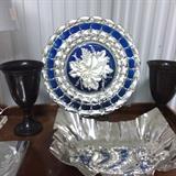 18" cobalt blue glass plate with authentic mercury overlay. 1930s 