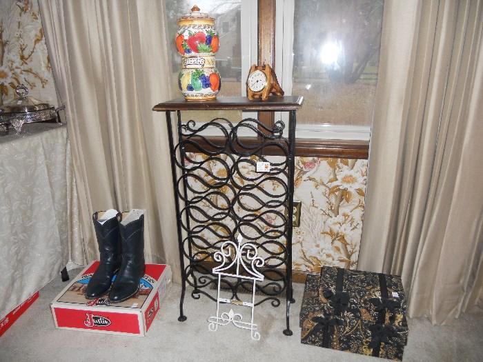 Pr. gently worn Justin boots, wine rack and other decor
