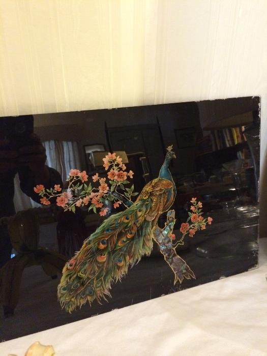 Peacock painted on back of glass...vintage!