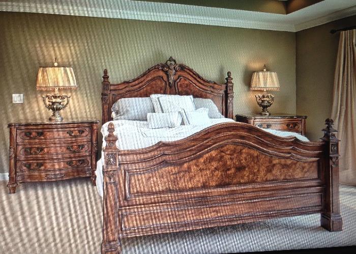 DREXEL HERITAGE TALAVERA KING BED WITH DRESSER, HALL CHEST, LAMPS $4400. W/out lamps $4200