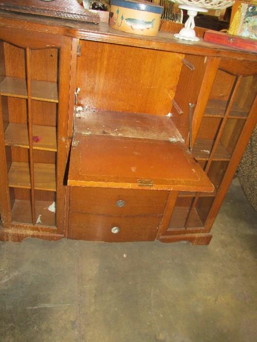 Leather writing surface on oak desk/bookcase combo from the U.K. reduced to $75
