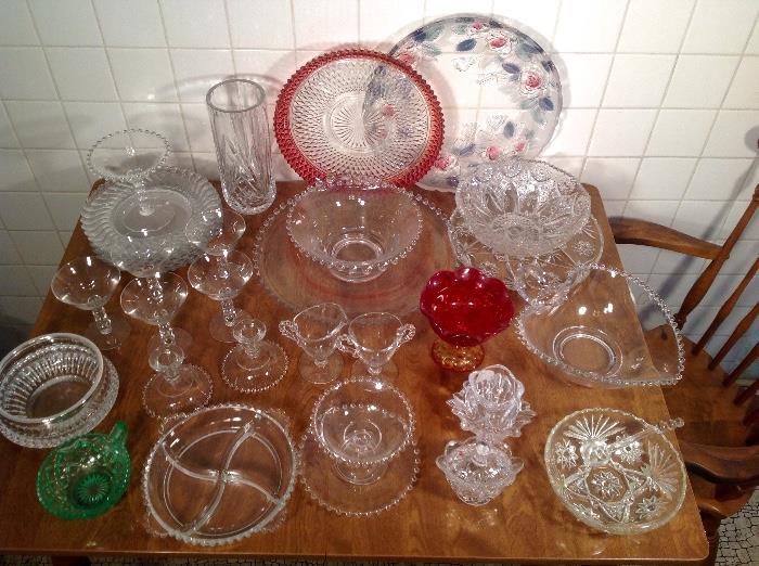 Candlewick glass assortment including nice serving set, Marquis waterford Crystal, cut lead crystal, glass trays, Violeta lead Crystal vase made in Poland