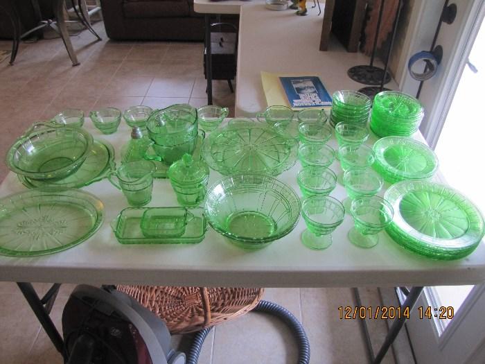70 pieces- Green Depression Glass- Doric Pattern-Mint