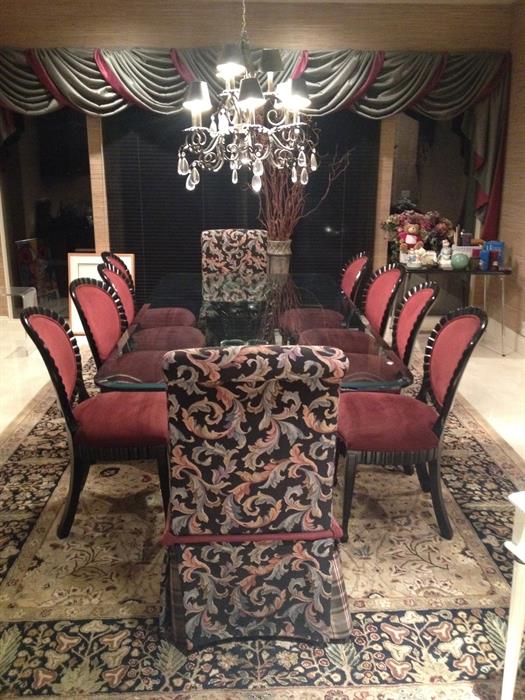 PRICED TO SELL @ $2750.00 OR BEST OFFER.....Designer Dining Two Pedestal Table with 10 Custom Chairs
