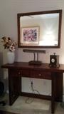 Decent mahogany desk, with vintage industrial metal desk lamp, gold-framed beveled glass mirror