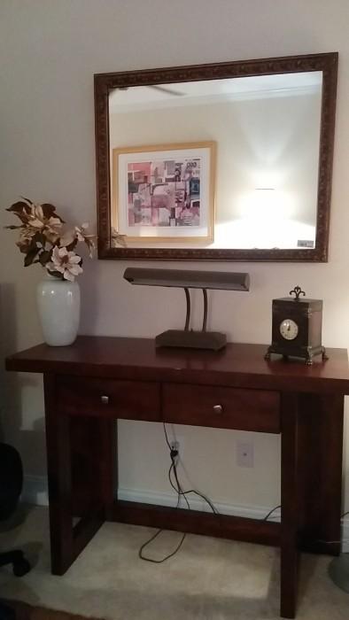 Decent mahogany desk, with vintage industrial metal  desk lamp, gold-framed beveled glass mirror
