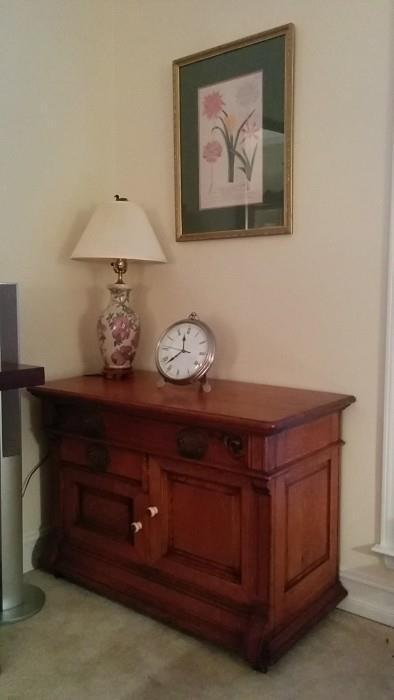 Vintage oak piece, Asain lamp, old lady framed botanical print and alarm clock for the far-sighted