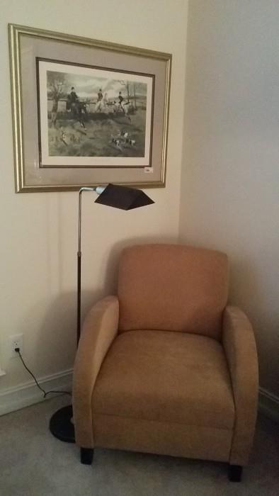 Nicely framed equestrian print, good deco-inspired armchair by Paoli, reading lamp