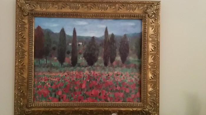 Basic artwork of some nameless Italian field with poppies and cypress trees