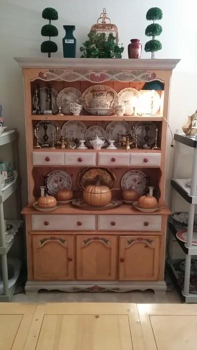 French hutch with nice set of seasonal china, set of pumpkiny porcelain, brass - lot's of it everywhere. Topiary trees by Dr. Seuss