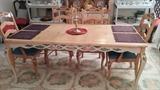 French table with two leaves and six chairs - great pastel chain-stitch rug. Five-light candelabra by Virginian Metalcrafters