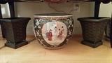 Nice, large Asian fishbowl, pair of woven metal plant holders
