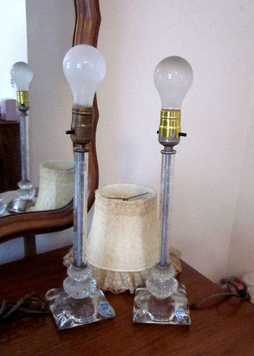 Pair of vintage etched crystal dresser lamps