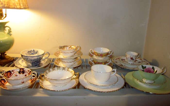 Bone china and porcelain teacups and cream soup bowls from England