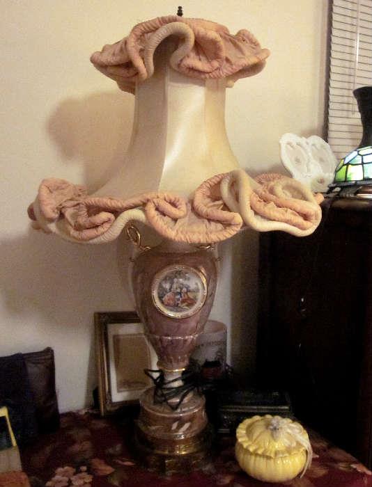 Vintage porcelain lamp, painted victorian courting scene, silk shade.  Needs rewiring.