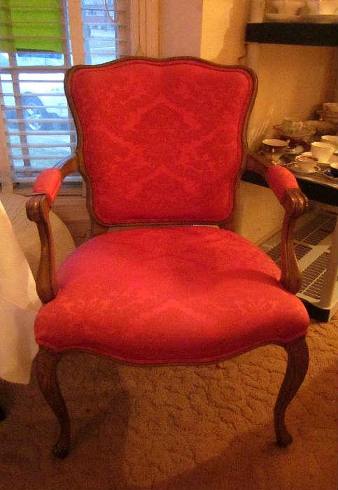Solid wood armchair, red damask fabric, from Marshall Field's, made by Globe Furniture Co.
