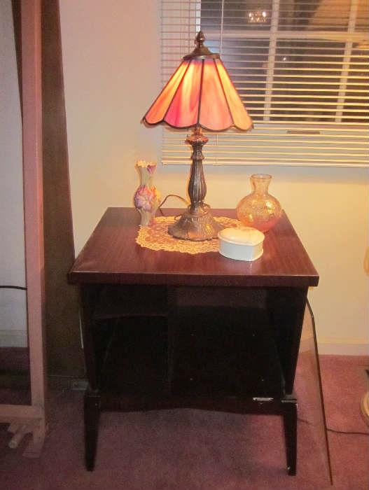 Wood storage table, Pink slag glass lamp with heavy metal base.
