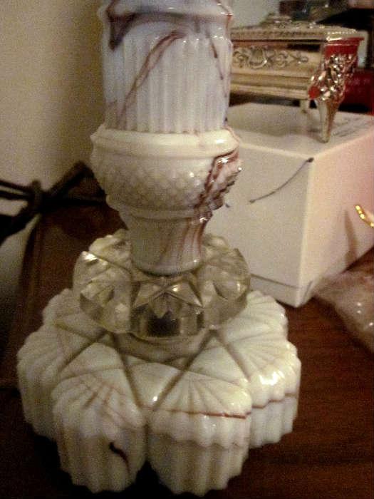 Vintage veined milk glass and cut glass lamp (needs rewiring).