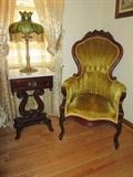 One of a pair of lyre base night stands, one of a pair of Victorian style chairs