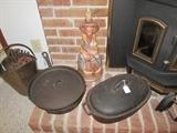 Cast iron footed 12" skillet with lid, Griswold #5 Oval Roaster with lid
