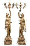 LOT 2: A PAIR OF CONTINENTAL GILT METAL FIVE-LIGHT FIGURAL CANDELABRA