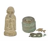 LOT 165: FOUR SINO-TIBETAN BRONZE ARTICLES AND A STONE BUDDHA FIGURE