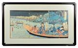 LOT 179: UTAGAWA KUNISADA (TOYOKUNI III)
(Japanese, 1786-1865)
Boating Scene
Woodblock print on paper, triptych