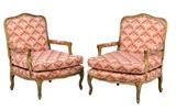 LOT 287: A PAIR OF FRENCH LOUIS XV STYLE UPHOLSTERED ARMCHAIRS