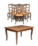 LOT 344: A FRENCH PROVINCIAL STYLE EXTENSION DINING TABLE & A SET OF SIX FRENCH PROVINCIAL STYLE SIDE CHAIRS