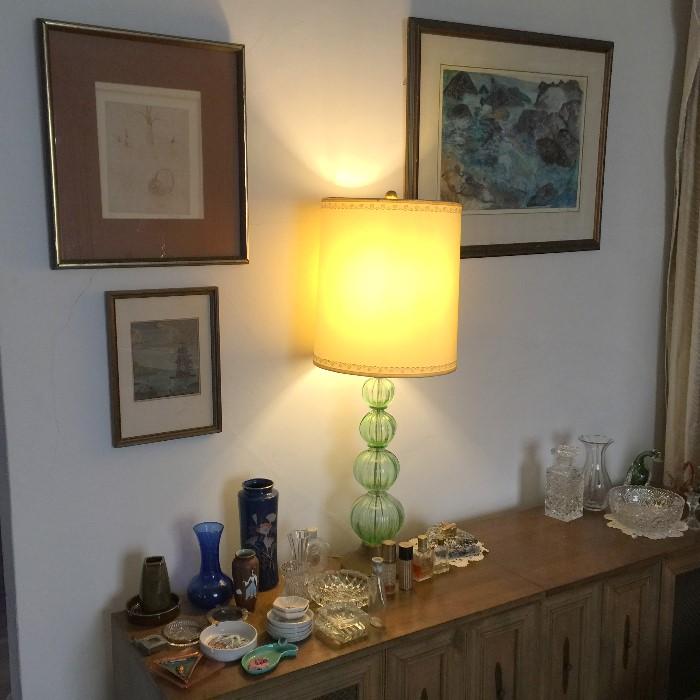 Signed paintings, lithographs, 1960's stereo console, 1950's lamp.